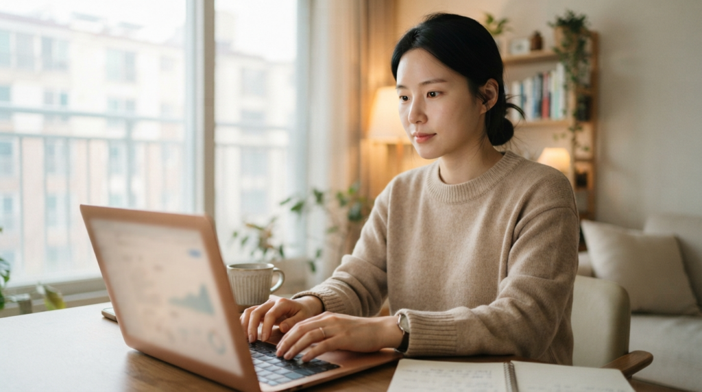 노트북으로 시맨틱 마크업 코드를 입력하며 웹사이트를 최적화하는 여성