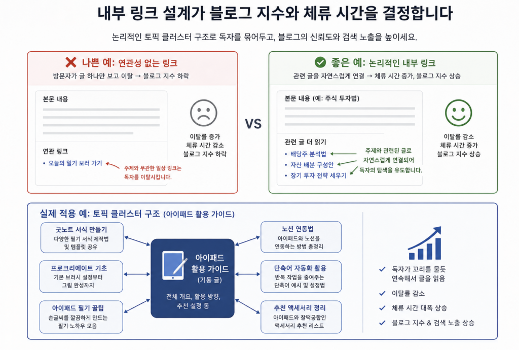 내부 링크 설계가 블로그 지수와 체류 시간을 결정합니다.
