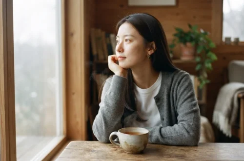 책상 앞 키보드 옆에서 양손으로 스마트폰을 쥐고 화면을 바라보는 모습
