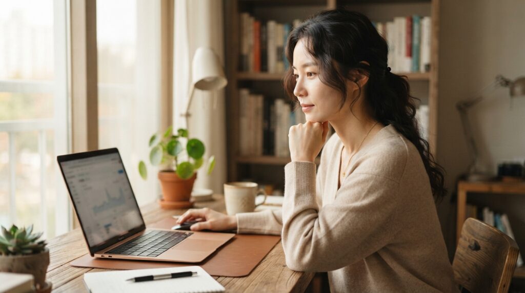 턱을 괴고 노트북 화면을 보며 토픽 클러스터 구축 전략을 고민하는 여성