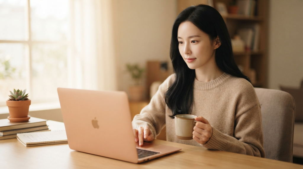 따뜻한 서재에서 노트북으로 구글 크롤링 효율을 연구하는 여성