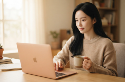 따뜻한 서재에서 노트북으로 구글 크롤링 효율을 연구하는 여성