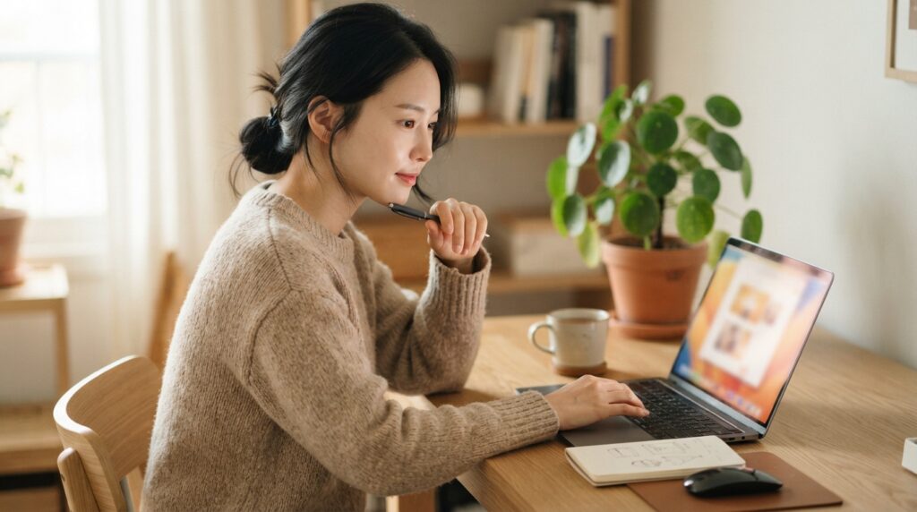 노트북을 보며 고민하는 여성과 책상 위 소품, 엔티티 SEO 마크업