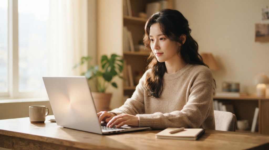 아늑한 방에서 노트북으로 구글 크롤링 최적화 방법을 정리하는 여성