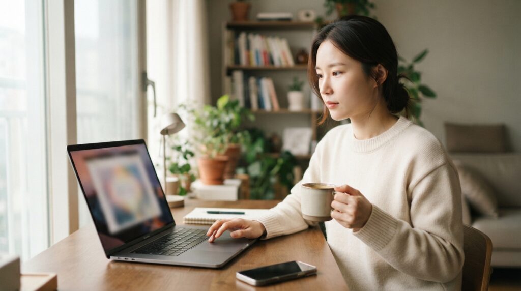 노트북으로 구글 크롤링 과정을 분석하며 커피를 마시는 여성