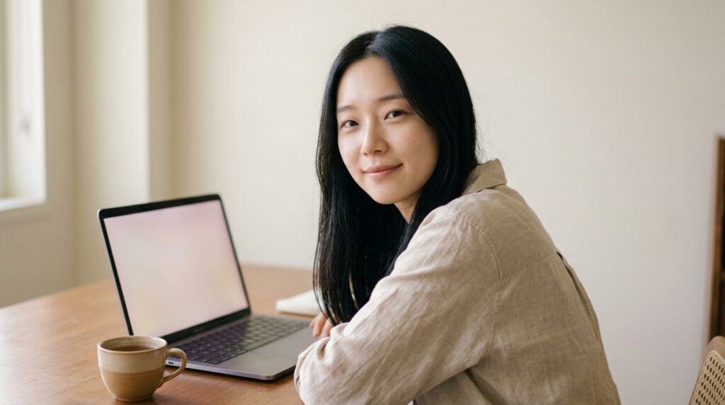 구글 서치콘솔 핵심 지표 분석 후 미소 지으며 노트북 앞에 앉은 여성