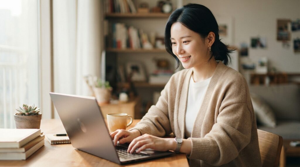 노트북 화면을 보며 사실을 검증하고 블로그 글을 작성하는 여성