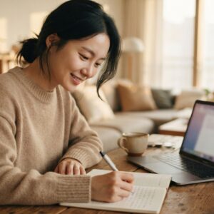 노트북 옆 노트를 펼치고 AI 블로그 글쓰기 아이디어를 적는 여성