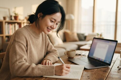 노트북 옆 노트를 펼치고 AI 블로그 글쓰기 아이디어를 적는 여성