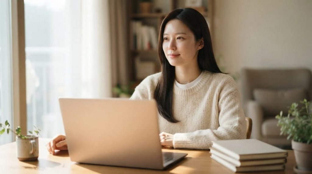 노트북 앞 책상에 앉아 미소 지으며 블로그 운영과 이메일 마케팅을 구상하는 여성