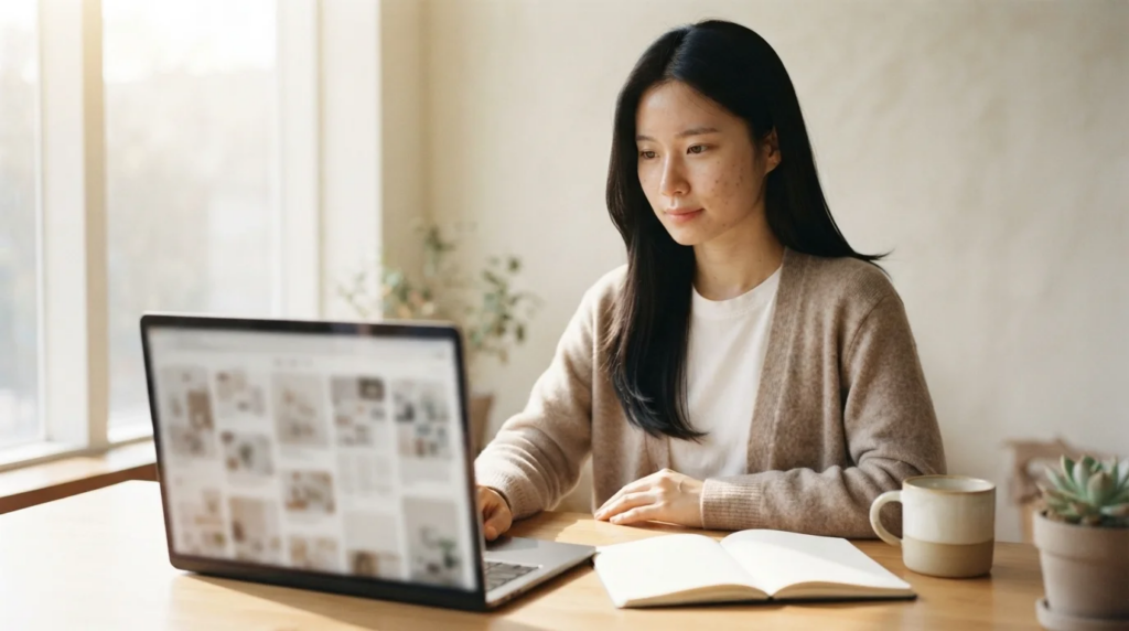 노트북으로 블로그 가독성을 고려한 레이아웃을 확인하는 여성
