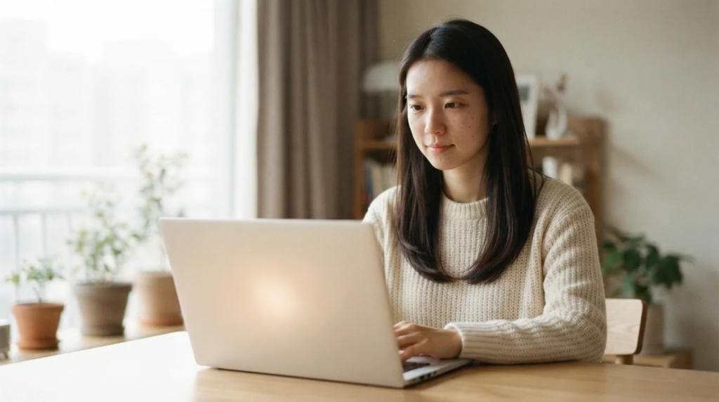 노트북으로 근로장려금 맞벌이 신청 방법을 확인하는 여성