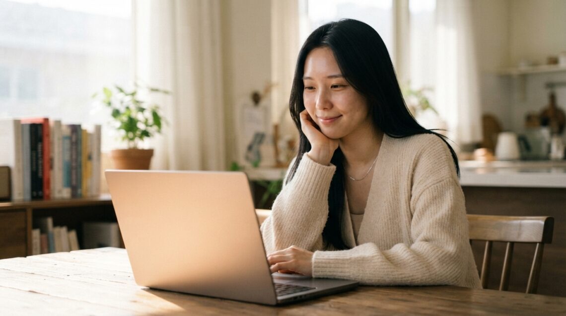 노트북 앞에서 미소 지으며 글을 쓰는 여성. 글이 안 써질 때 완벽주의를 내려놓고 초고를 작성하는 모습.