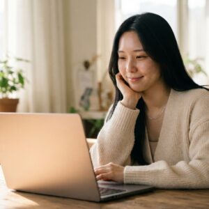 노트북 앞에서 미소 지으며 글을 쓰는 여성. 글이 안 써질 때 완벽주의를 내려놓고 초고를 작성하는 모습.