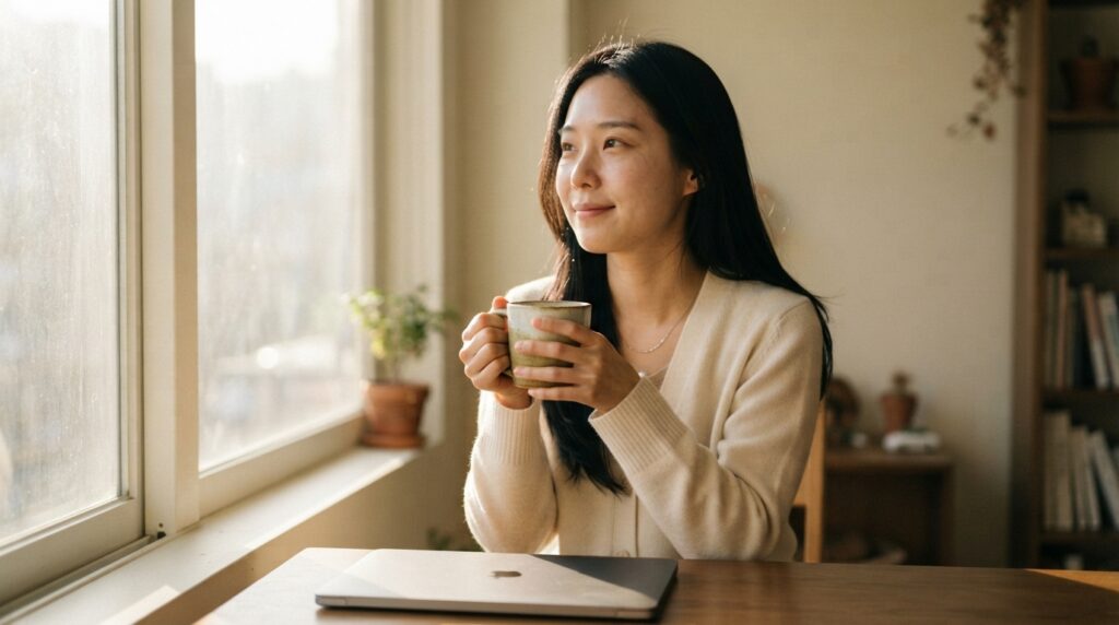 구글 색인 생성 안됨 해결 후 미소 지으며 창밖을 바라보는 여성