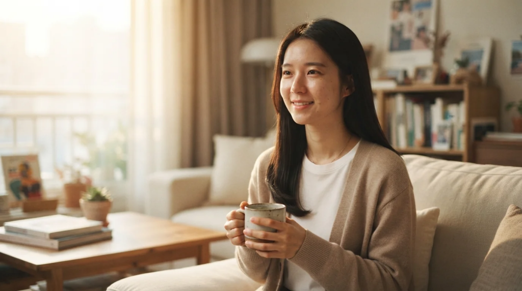 거실 소파에 앉아 차를 마시며 미소 짓는 편안한 모습의 여성