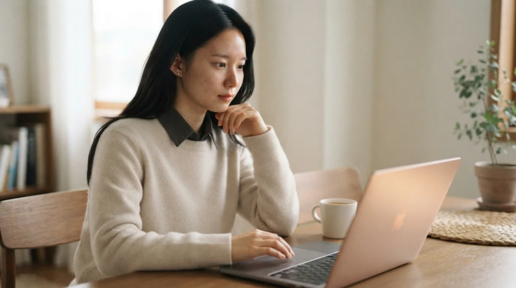 노트북 화면을 진지하게 바라보는 여성, 재산세 카드납부 방법 비교.