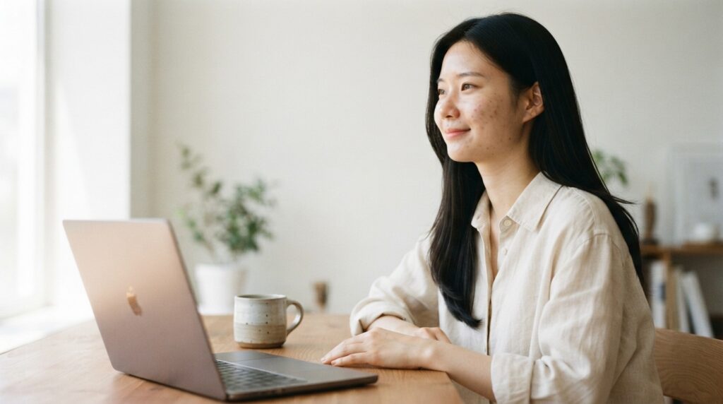 노트북 앞 조용한 공간에서 미소 지으며 토픽 클러스터 권위성을 확보하는 여성