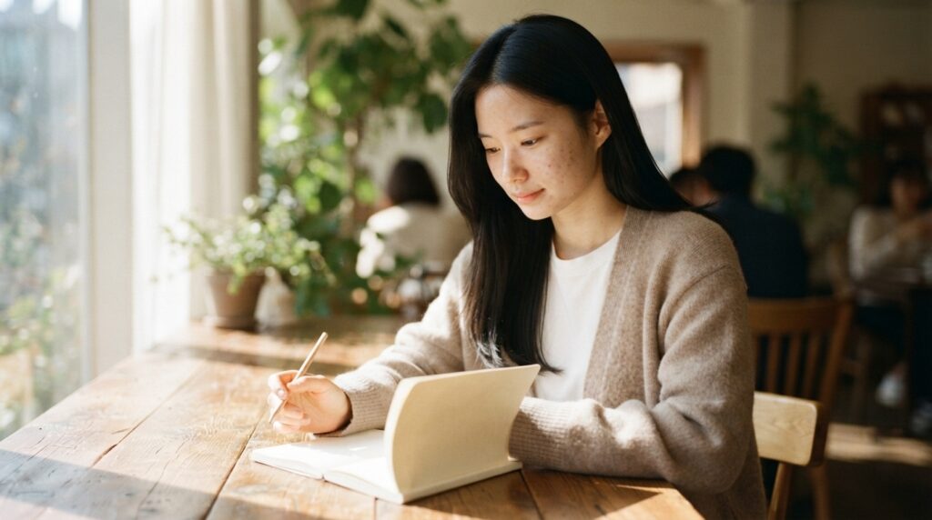 카페 창가에서 노트를 작성하며 토픽 클러스터 블로그 전략을 구상하는 여성