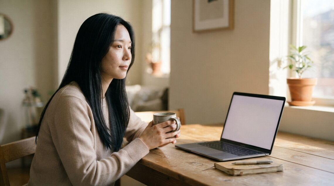 노트북 앞 커피잔을 들고 블로그 수익화 운영을 고민하는 여성