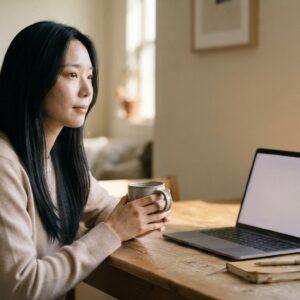 노트북 앞 커피잔을 들고 블로그 수익화 운영을 고민하는 여성