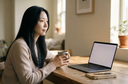 노트북 앞 커피잔을 들고 블로그 수익화 운영을 고민하는 여성