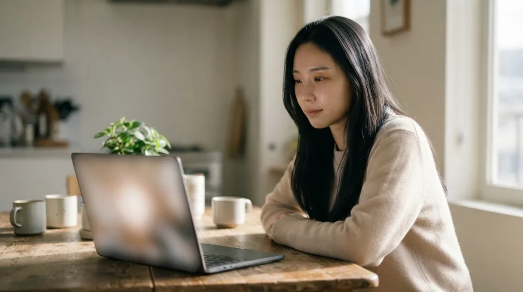 밝은 거실에서 노트북으로 워드프레스 카테고리 구조를 정리하는 여성