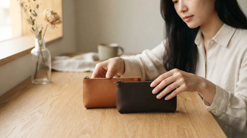 두 개의 가죽 지갑을 만지며 자금을 안전하게 분산 관리하는 여성의 모습
