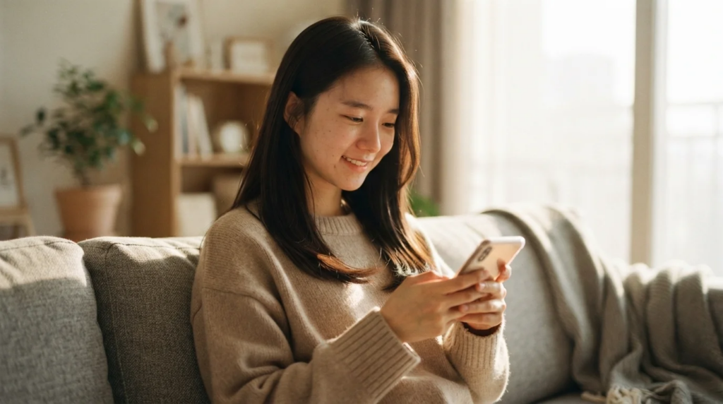 소파에 앉아 스마트폰으로 목돈 파킹통장 추천 계좌를 개설하는 여성