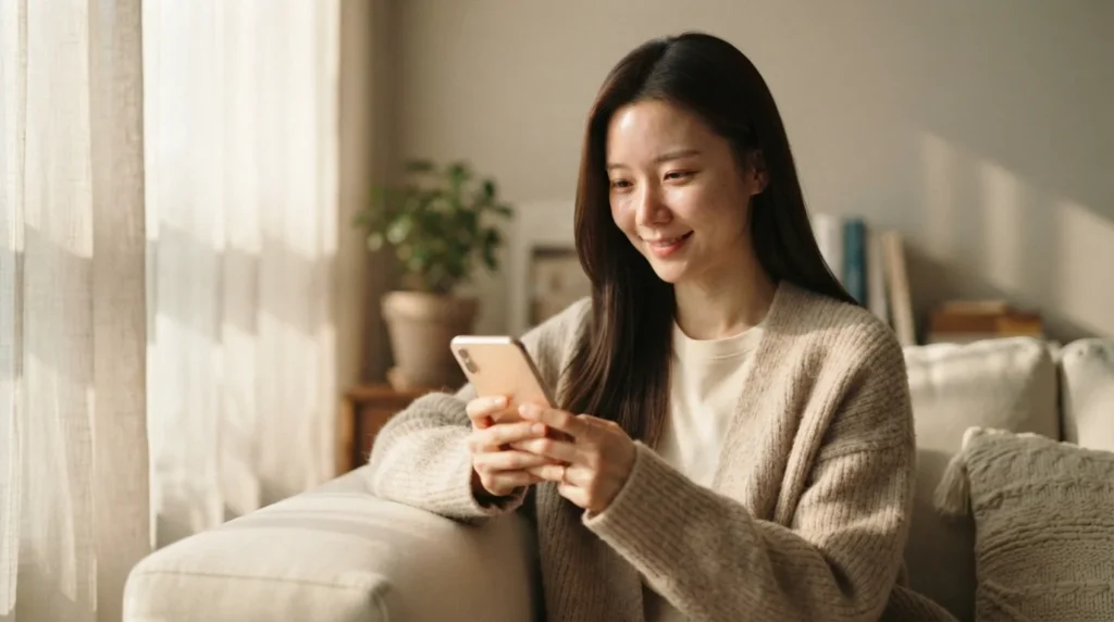 소파에 앉아 스마트폰으로 로판 AI 캐릭터 채팅을 하며 미소 짓는 여성