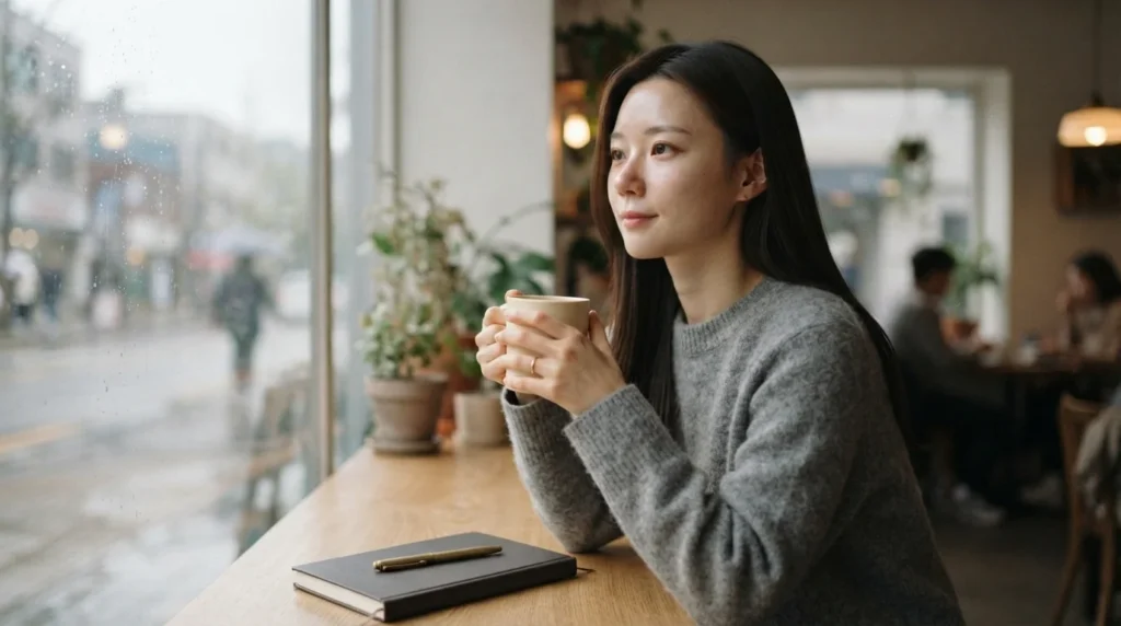 비 오는 날 카페 창가에서 로판 AI 트렌드 노트를 옆에 두고 사색하는 여성