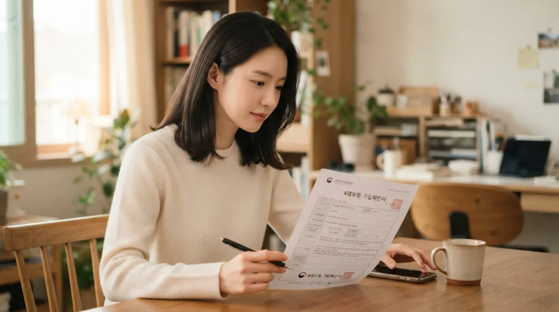 4대보험 가입확인서 서류를 들고 내용을 꼼꼼히 확인하는 여성