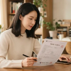 4대보험 가입확인서 서류를 들고 내용을 꼼꼼히 확인하는 여성