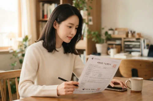 4대보험 가입확인서 서류를 들고 내용을 꼼꼼히 확인하는 여성