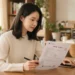 4대보험 가입확인서 서류를 들고 내용을 꼼꼼히 확인하는 여성