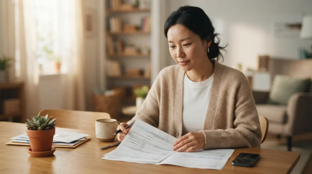 퇴사 후 4대보험 가입확인서 대신 경력 서류를 검토하는 여성