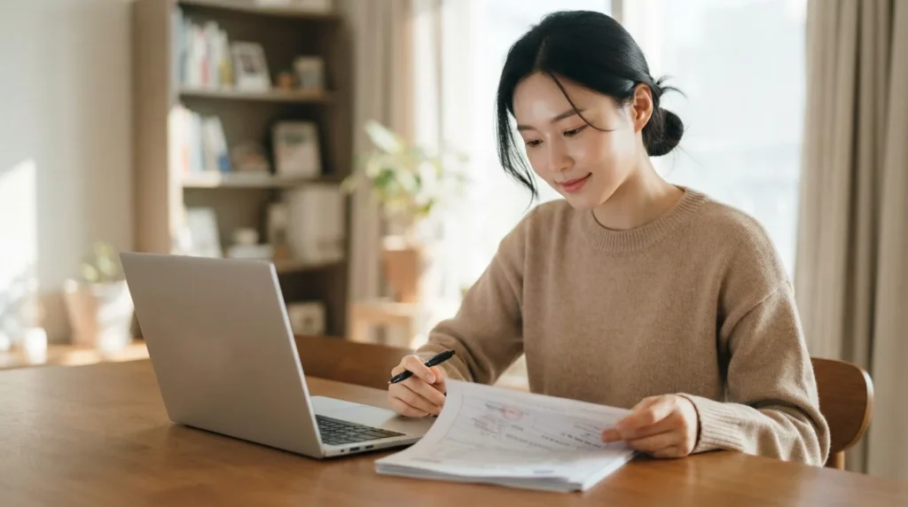 노트북 옆에서 미소를 지으며 인쇄된 제출 서류를 확인하는 여성
