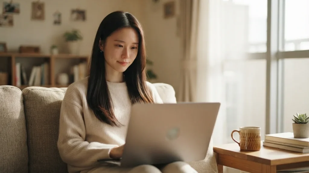 소파에 앉아 노트북으로 워드프레스 애드센스 승인 글을 쓰는 여성
