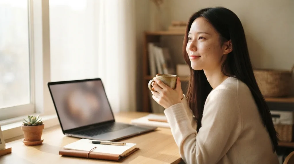 노트북 앞 머그잔을 들고 워드프레스 애드센스 승인 후 미소 짓는 여성