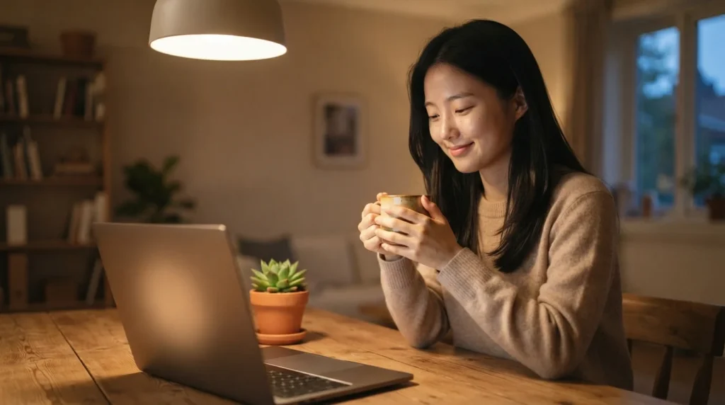 스탠드 조명 아래 노트북과 책