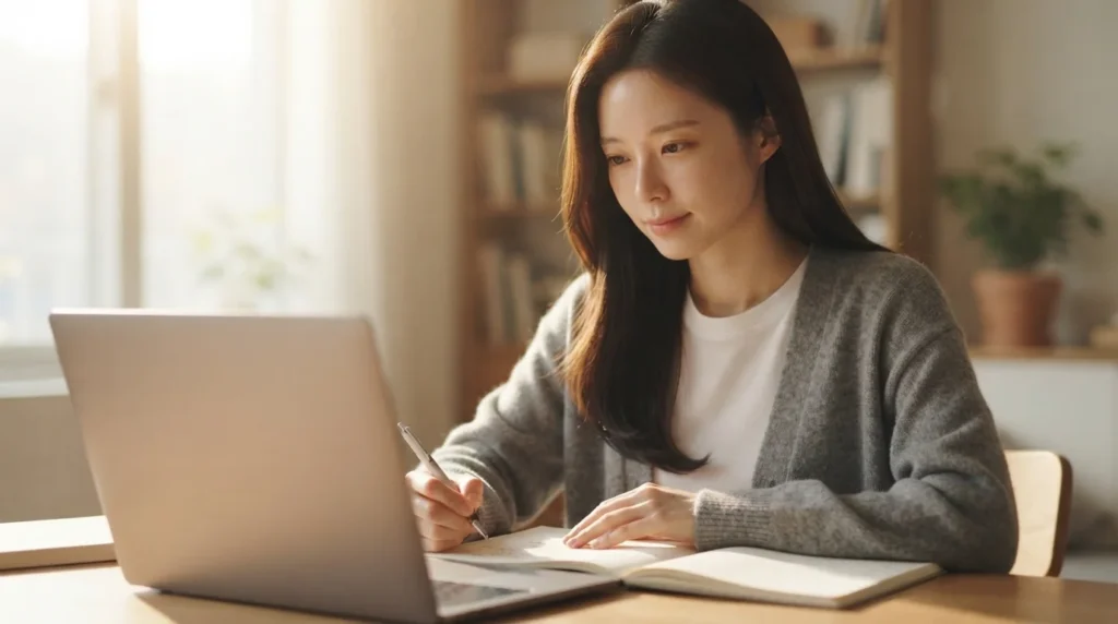 내일배움카드로 수강하며 노트북 앞에서 필기하며 공부하는 여성