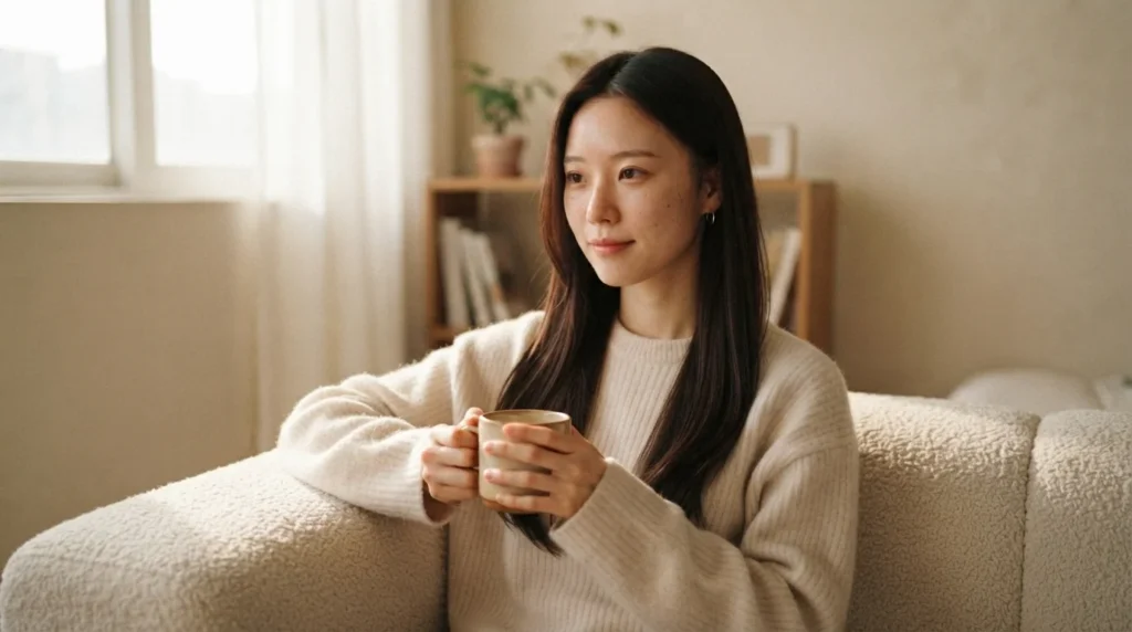 난임치료휴가급여 신청 방법을 고민하며 따뜻한 음료를 마시는 여성