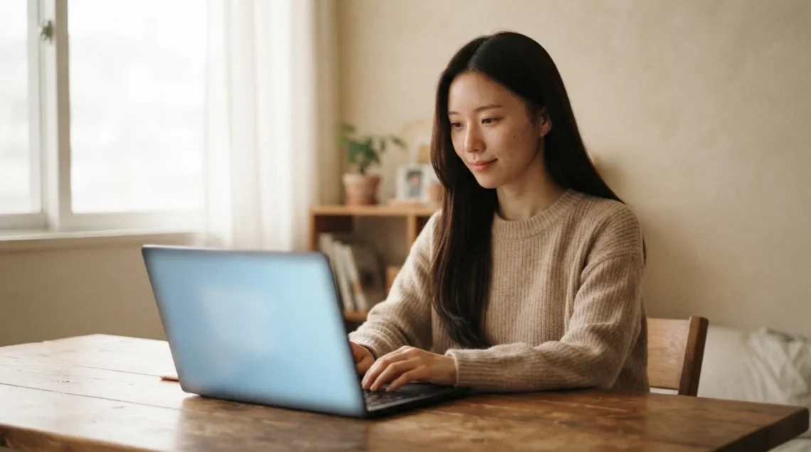 노트북을 사용해 고용24 사이트에서 난임치료휴가급여를 신청하는 여성