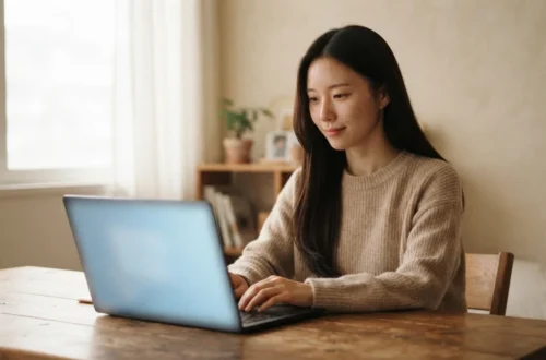 노트북을 사용해 고용24 사이트에서 난임치료휴가급여를 신청하는 여성