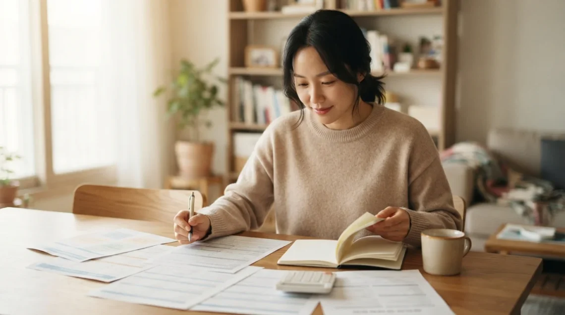 테이블 위에 서류와 계산기를 두고 노트에 예술인 출산전후급여 조건을 정리하는 여성