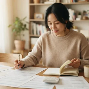 테이블 위에 서류와 계산기를 두고 노트에 예술인 출산전후급여 조건을 정리하는 여성