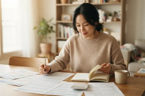 테이블 위에 서류와 계산기를 두고 노트에 예술인 출산전후급여 조건을 정리하는 여성