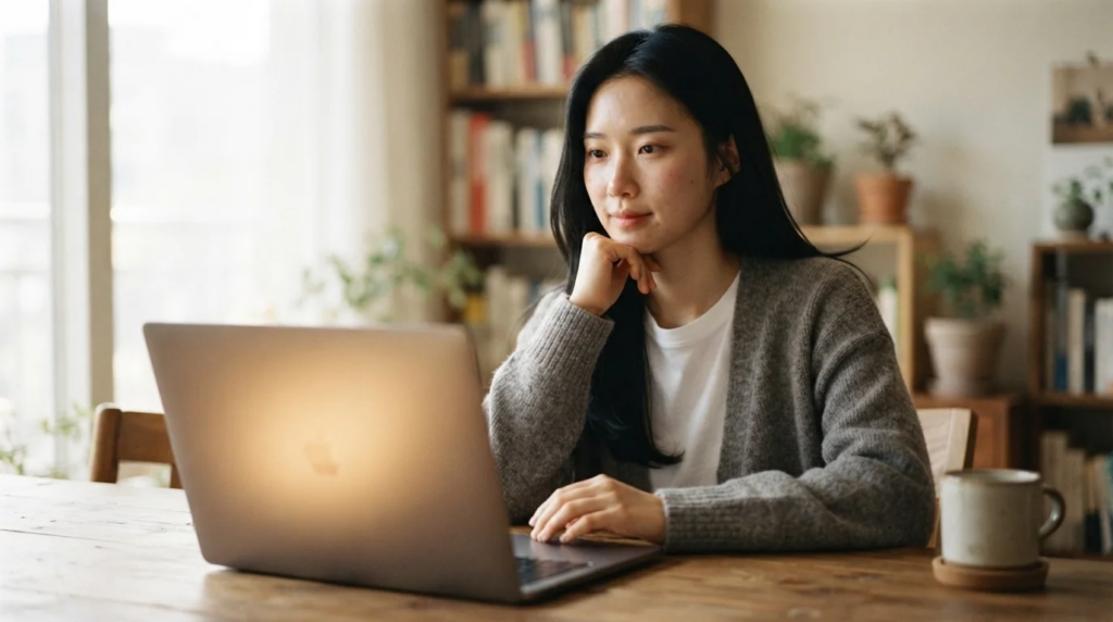 노트북 화면을 응시하며 블로그 상위노출 필승 공식을 연구하는 여성