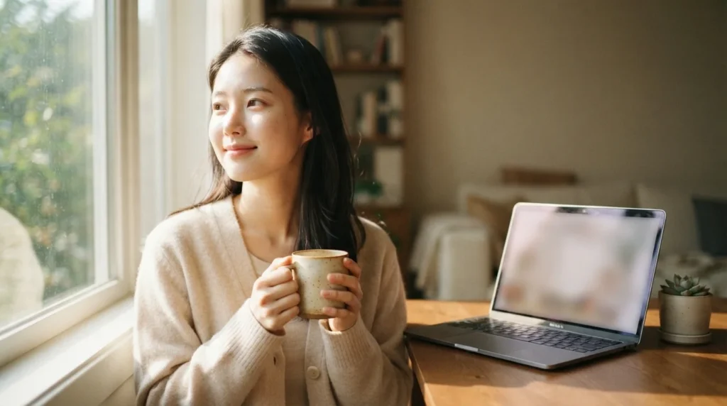 애드센스 ads.txt 해결 후 미소 지으며 창밖을 보는 여성