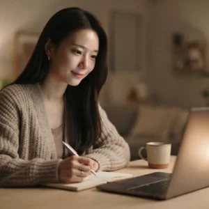 노트북을 보며 공책에 신분당선 호매실 자금 설계 계획을 적는 여성